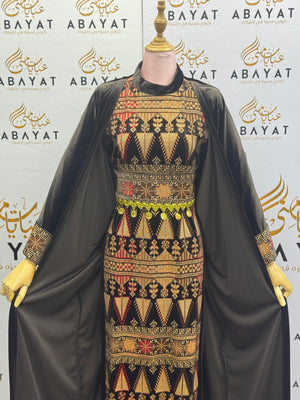 Chocolate Brown Palestinian Thobe with Golden Tatreez Embroidery A1968