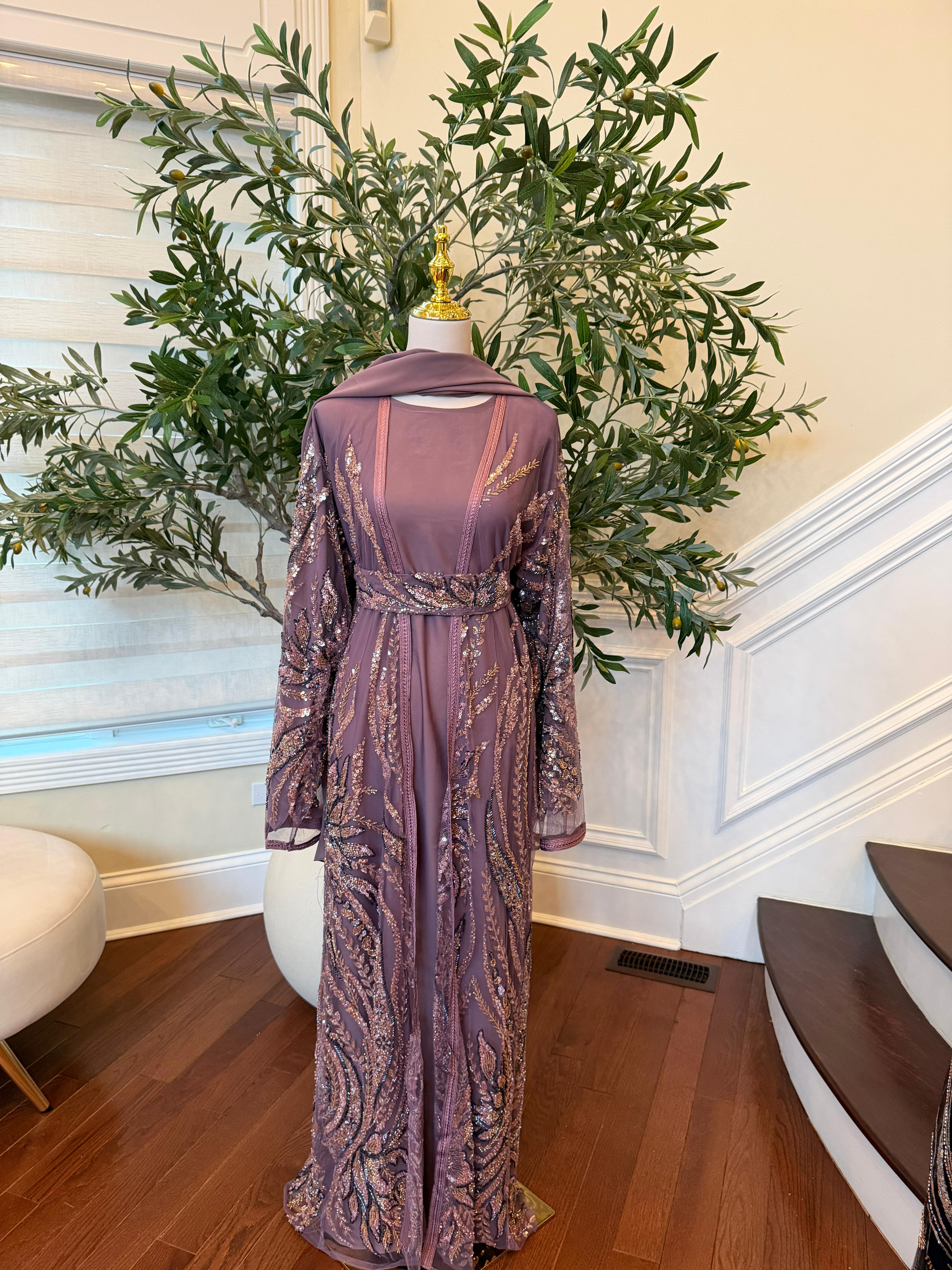 Rose Pink Sequin Two Piece Abaya