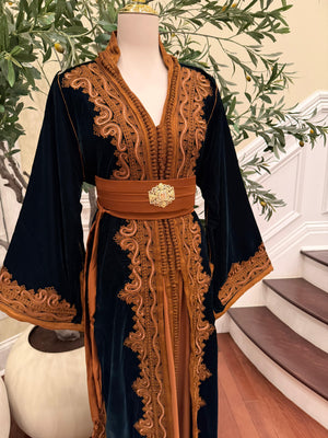 Forest Emerald Green Whisper Velvet Kuftan Brown Embroidery