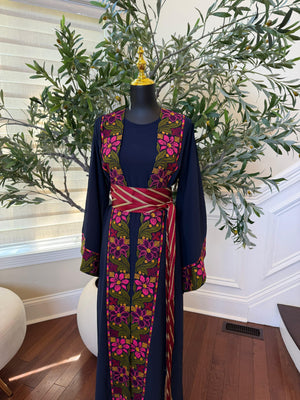 Navy Blue Embroidery Floral Tatreez Thobe