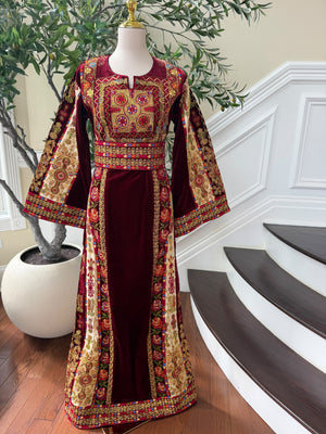 Burgundy Embroidery Tatreez Velvet Thobe