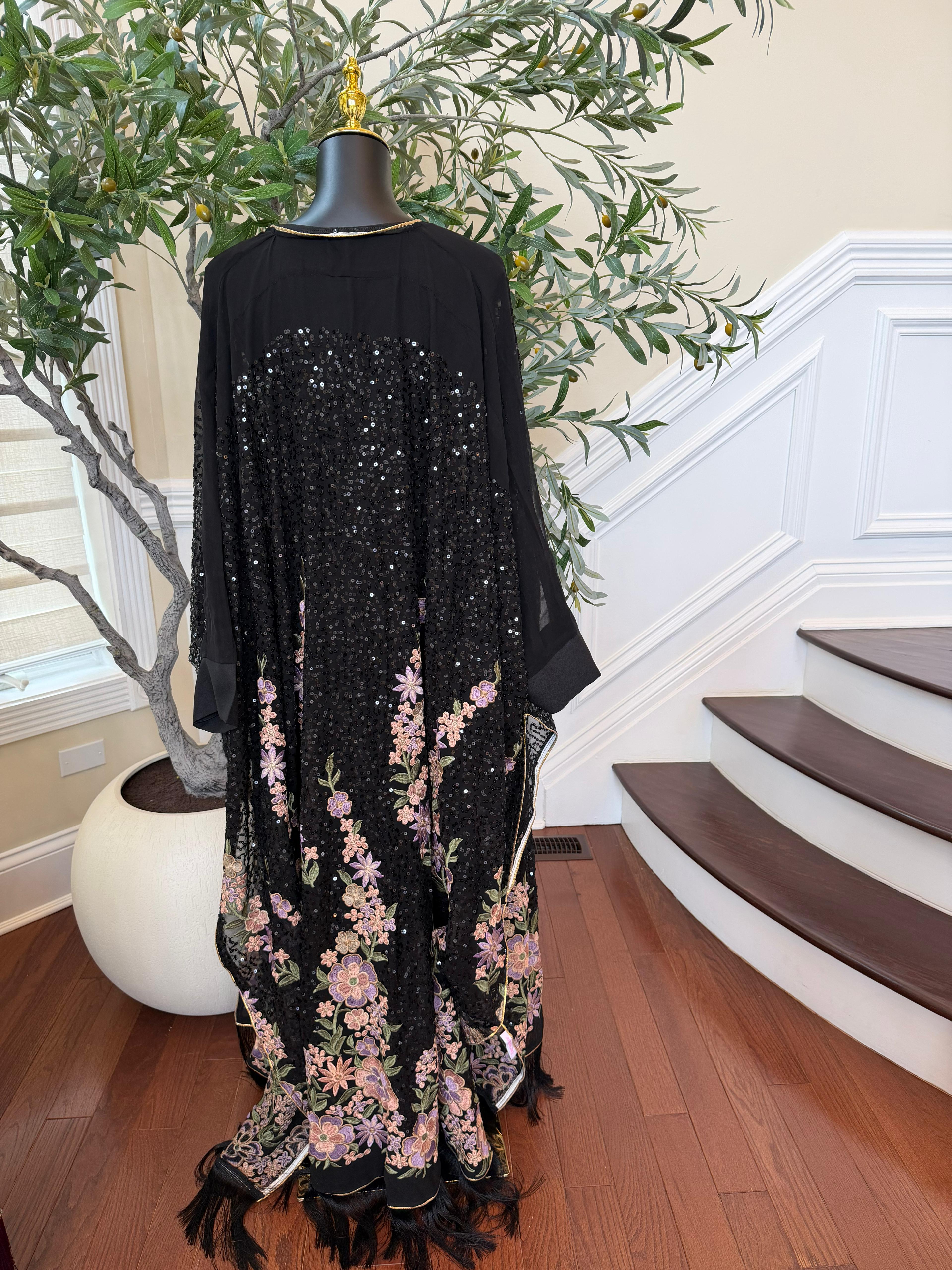 Black Sparkle Floral Abaya