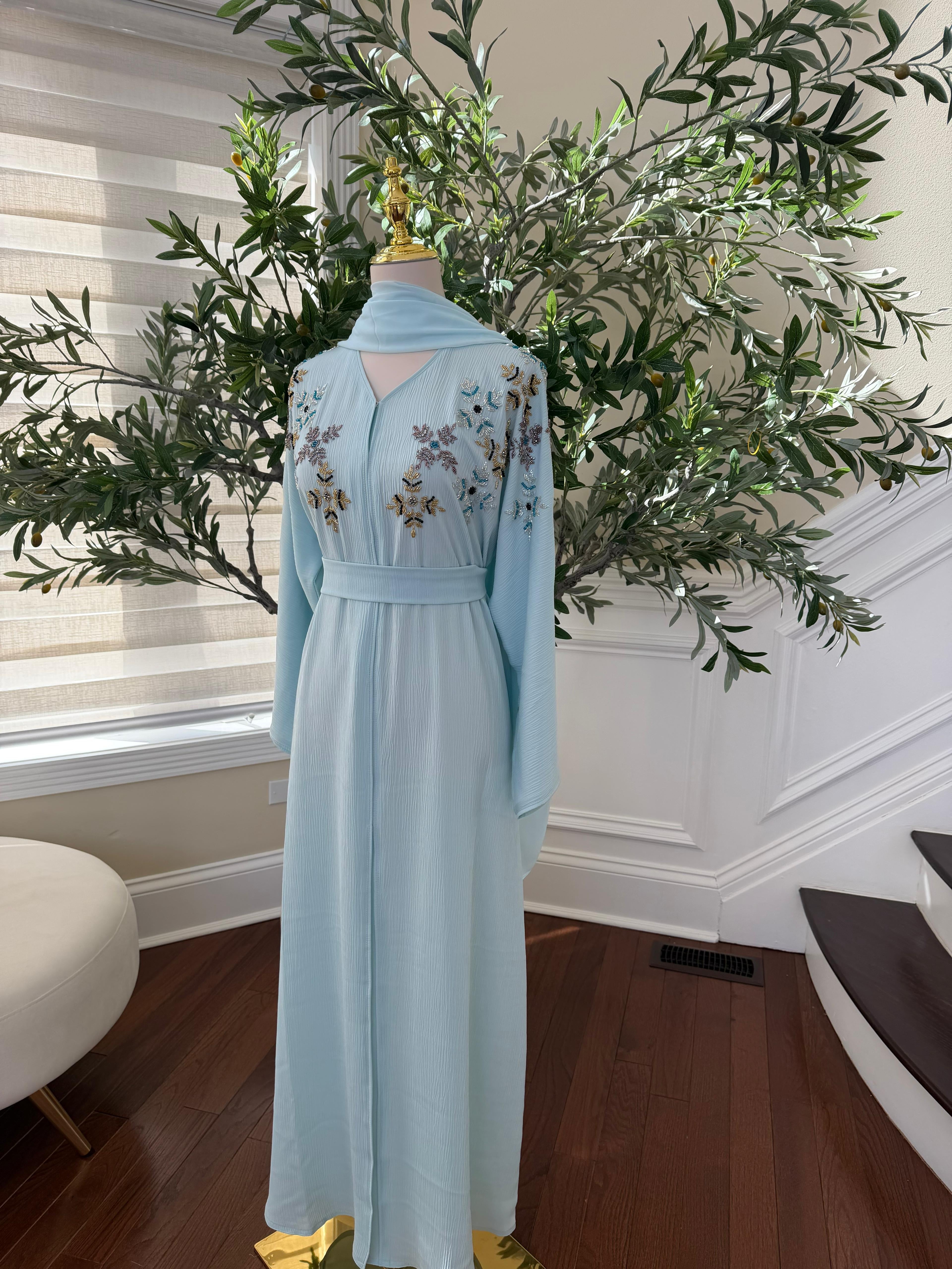Baby Blue Floral Sequin Abaya