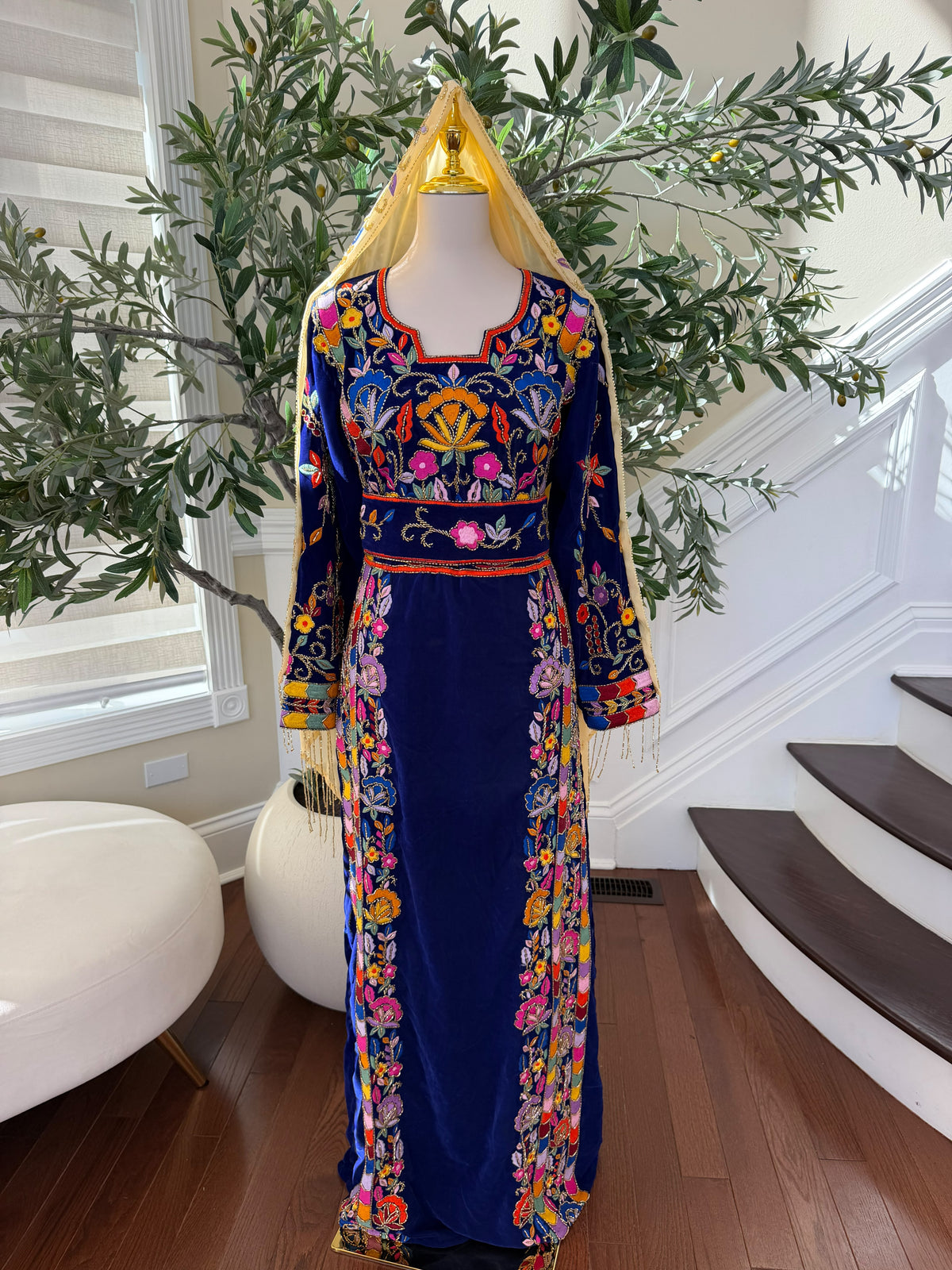 Royal Blue Velvet Palestinian Thobe with Colorful Floral Embroidery – Scarf Not Included