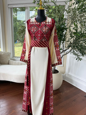 Embroidery Red Tatreez Off White Thobe