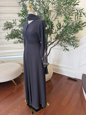 Grey Silver Sleeve Beaded Abaya