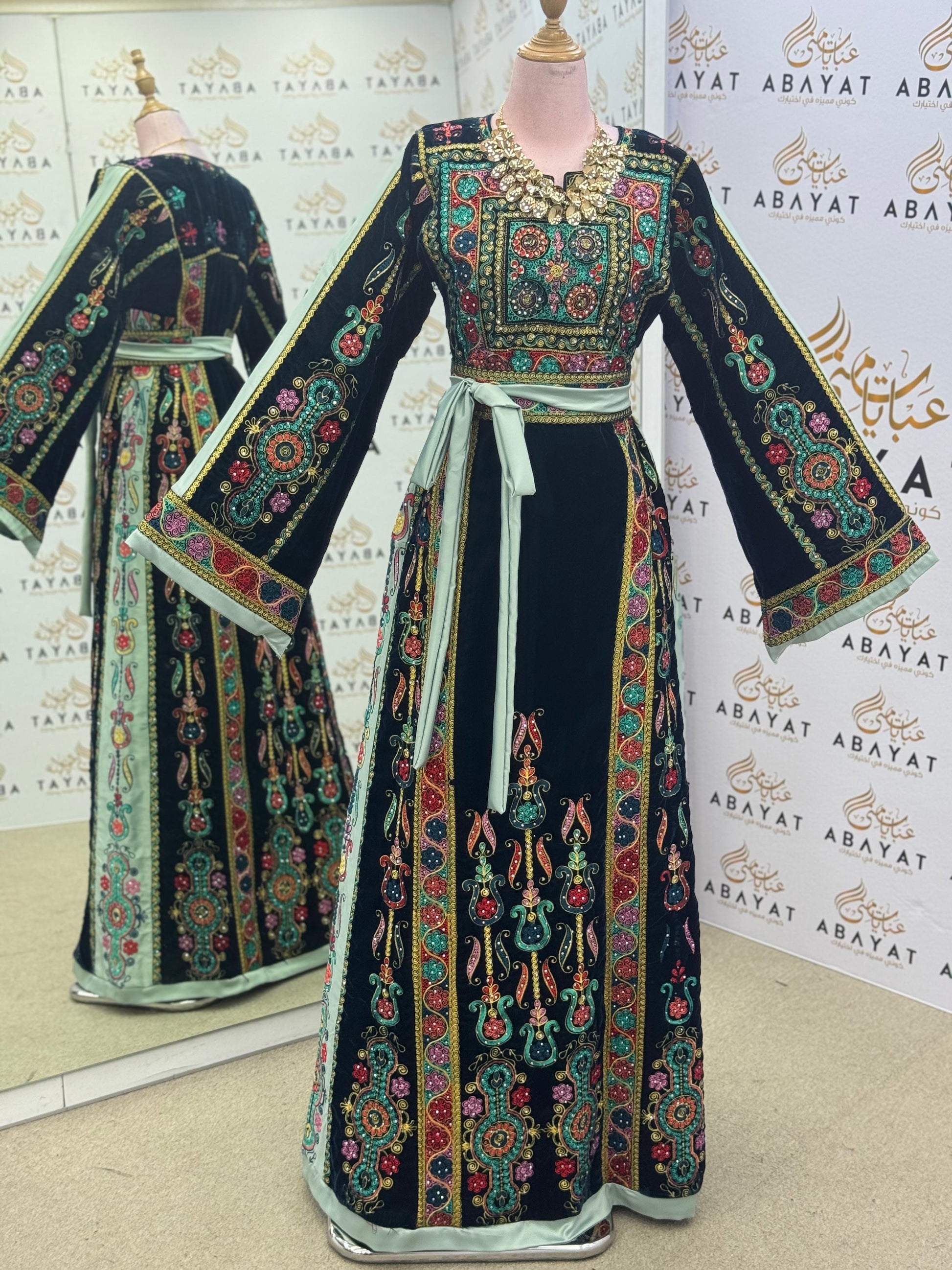 Premium Palestinian Malakah Velvet Thobe – Mint Green & Black Embroidery