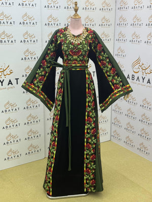 Palestinian Couture Thobe – Green Embroidered Panel