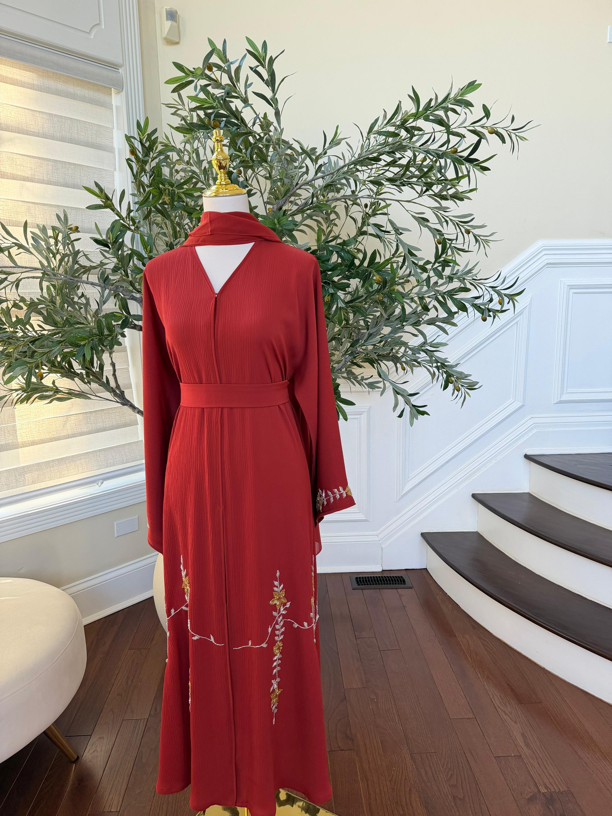Orange Red Beaded Charm Abaya