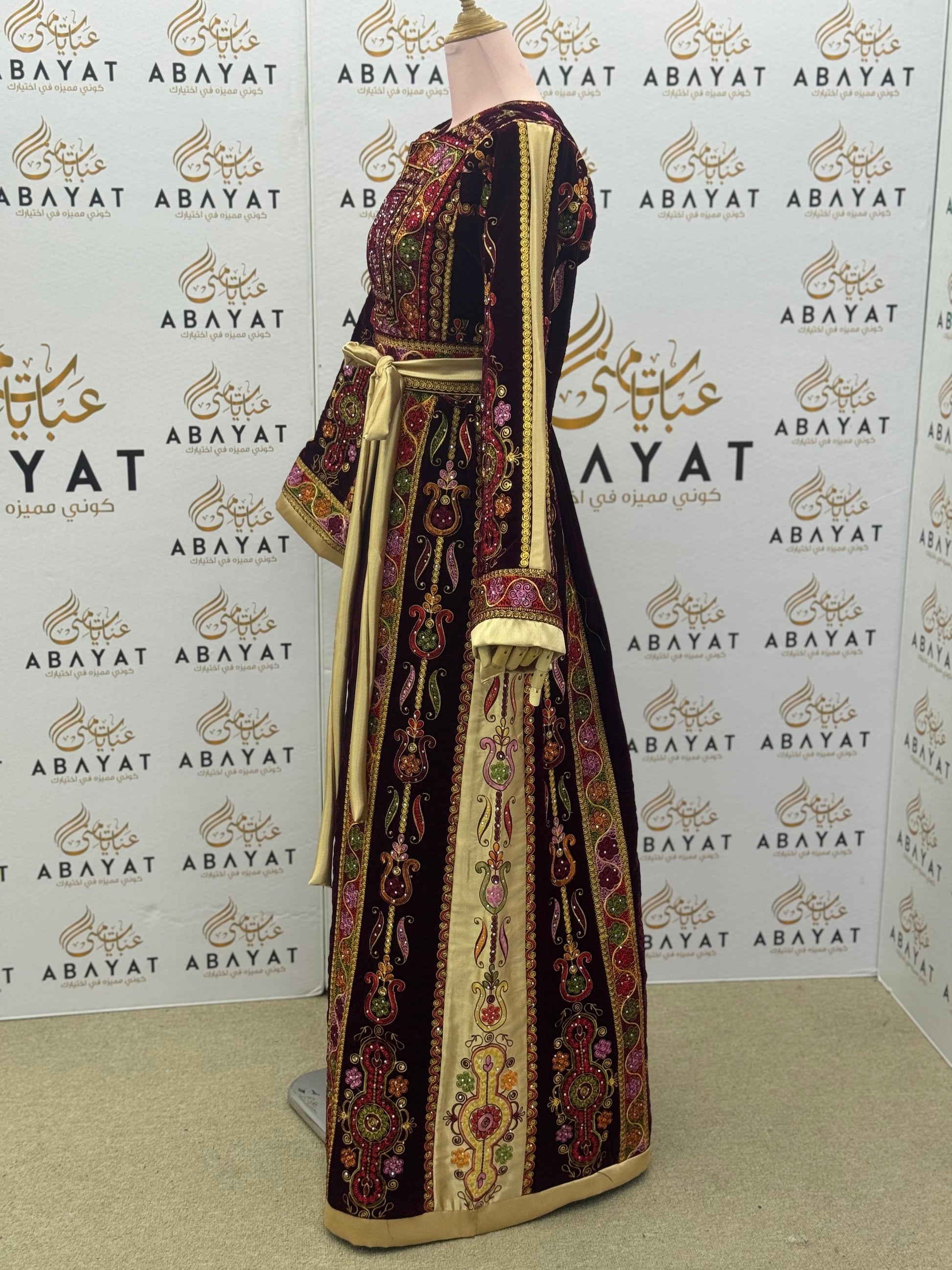 Velvet Burgundy Palestinian Thobe with Multicolor Embroidery and Golden Belt