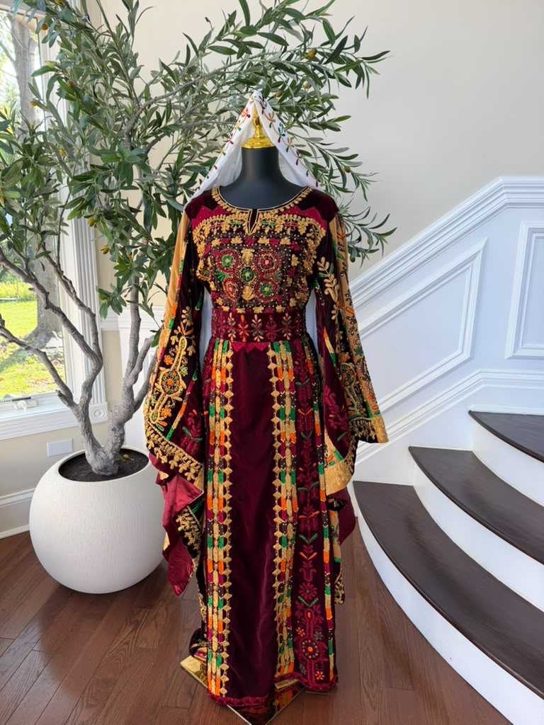 Burgundy Velvet Embroidery Tatreez Thobe