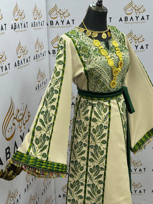 Ivory & Olive Green Palestinian Embroidered Thobe