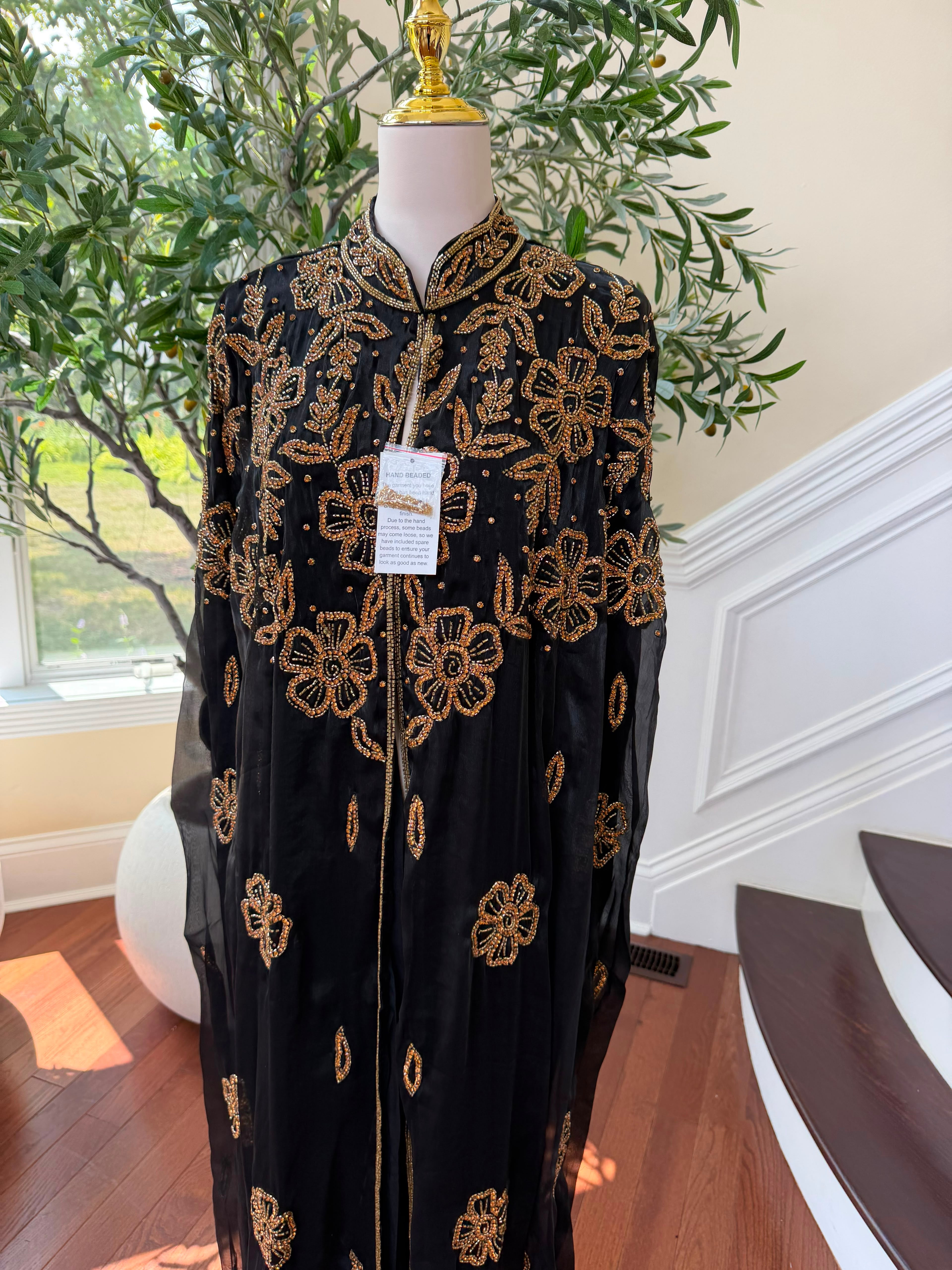 Golden Floral Black Cardigan Abaya