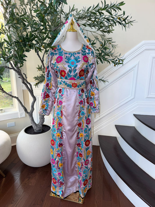 Blush Pink Palestinian Stone Thobe with Vibrant Multicolor Floral Embroidery(scarf not included)