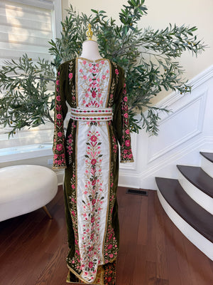 Elegant Olive Green Velvet Thobe with Pink Floral Embroidery(scarf not included)