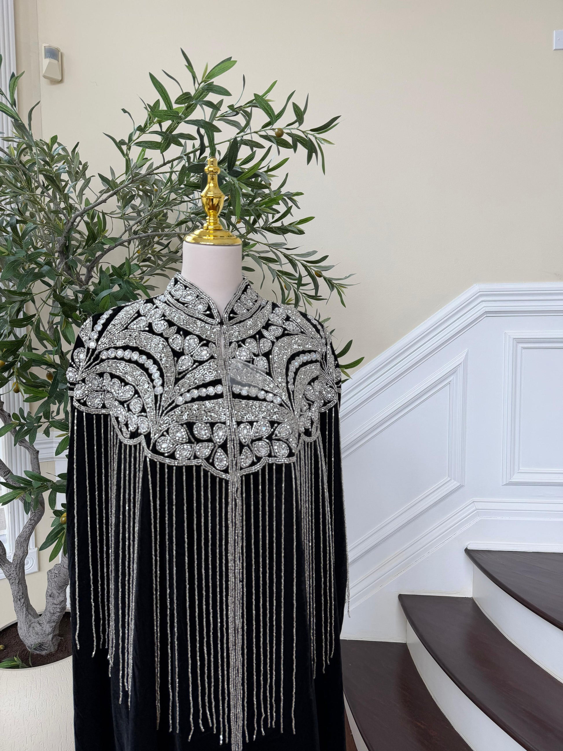 Velvet Black Beaded Stone Cardigan Abaya