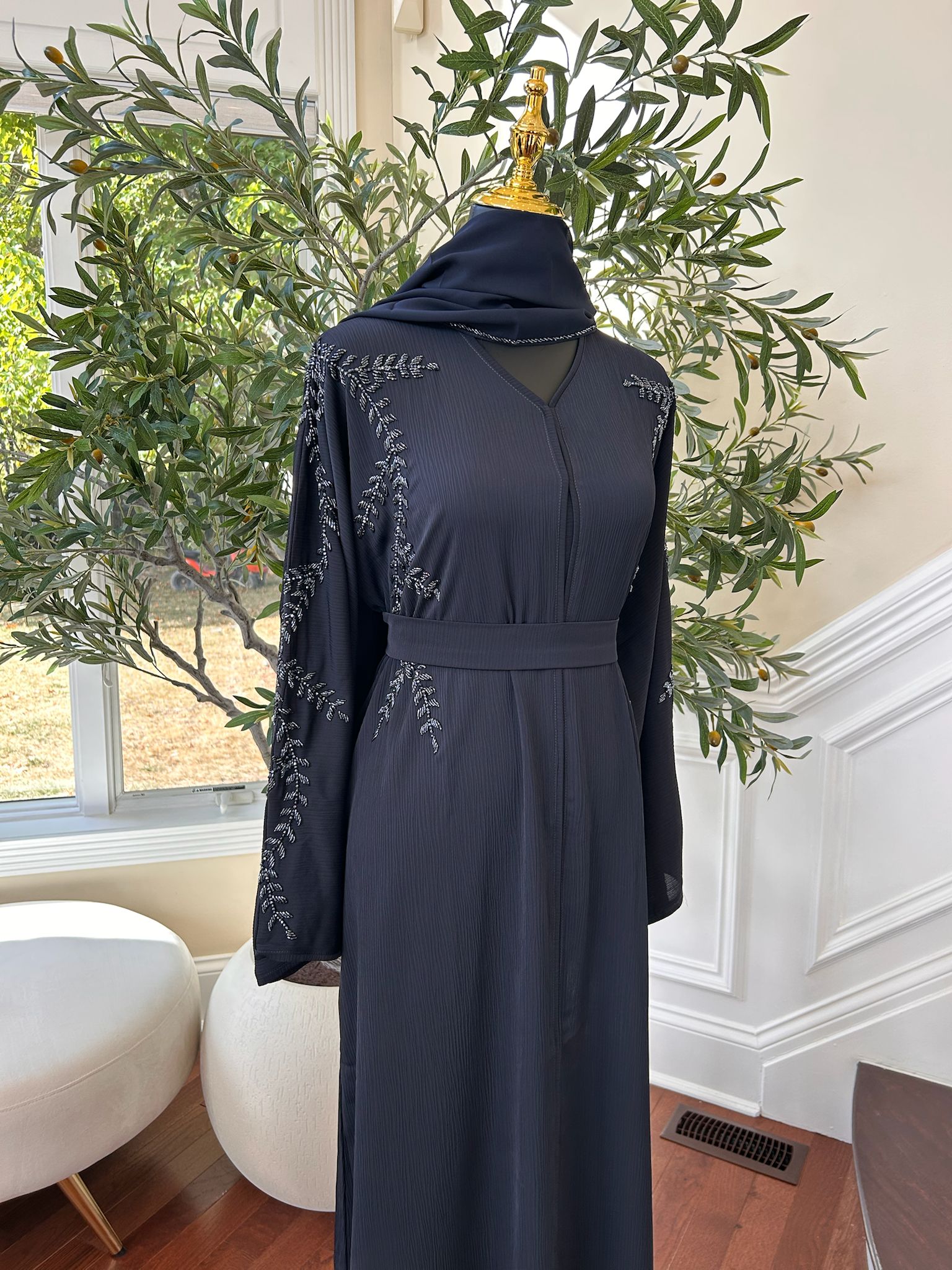 Navy Blue Rose Floral Abaya