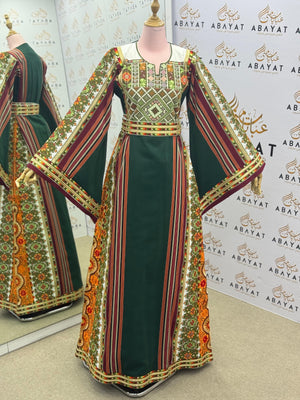 Green Palestinian Embroidered Thobe | Striped Heritage Design with Orange Accents A09072015
