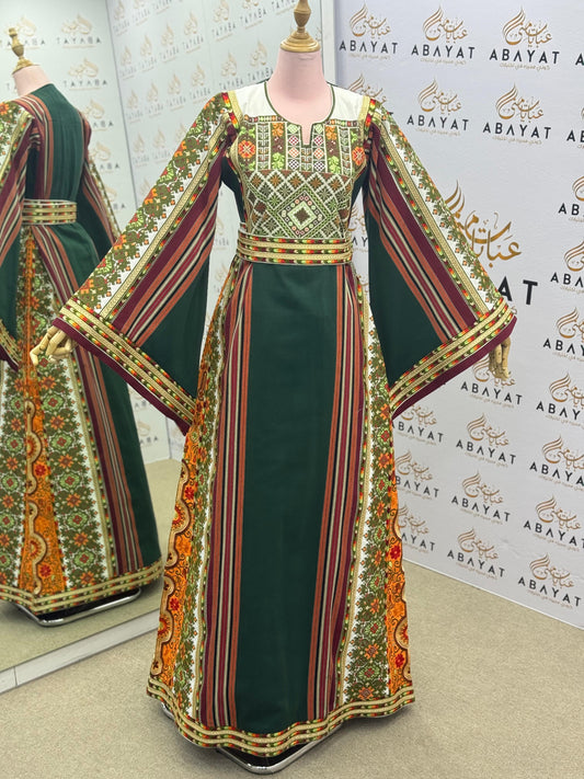 Green Palestinian Embroidered Thobe | Striped Heritage Design with Orange Accents A09072015