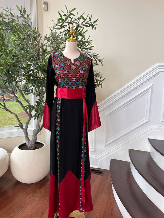 Black Tatreez Embroidery Thobe  Satin Red Detail