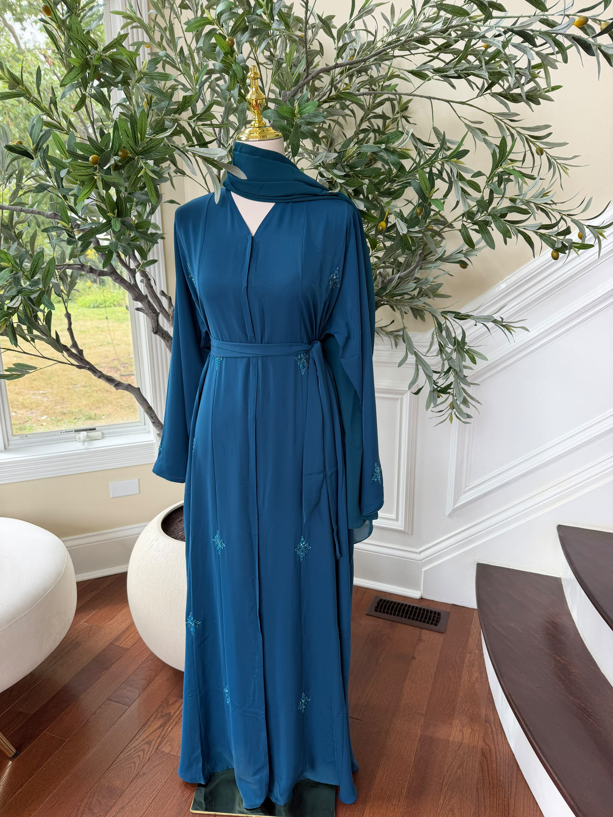 Turquoise Nada Fabric Charm Beaded Elegance Abaya