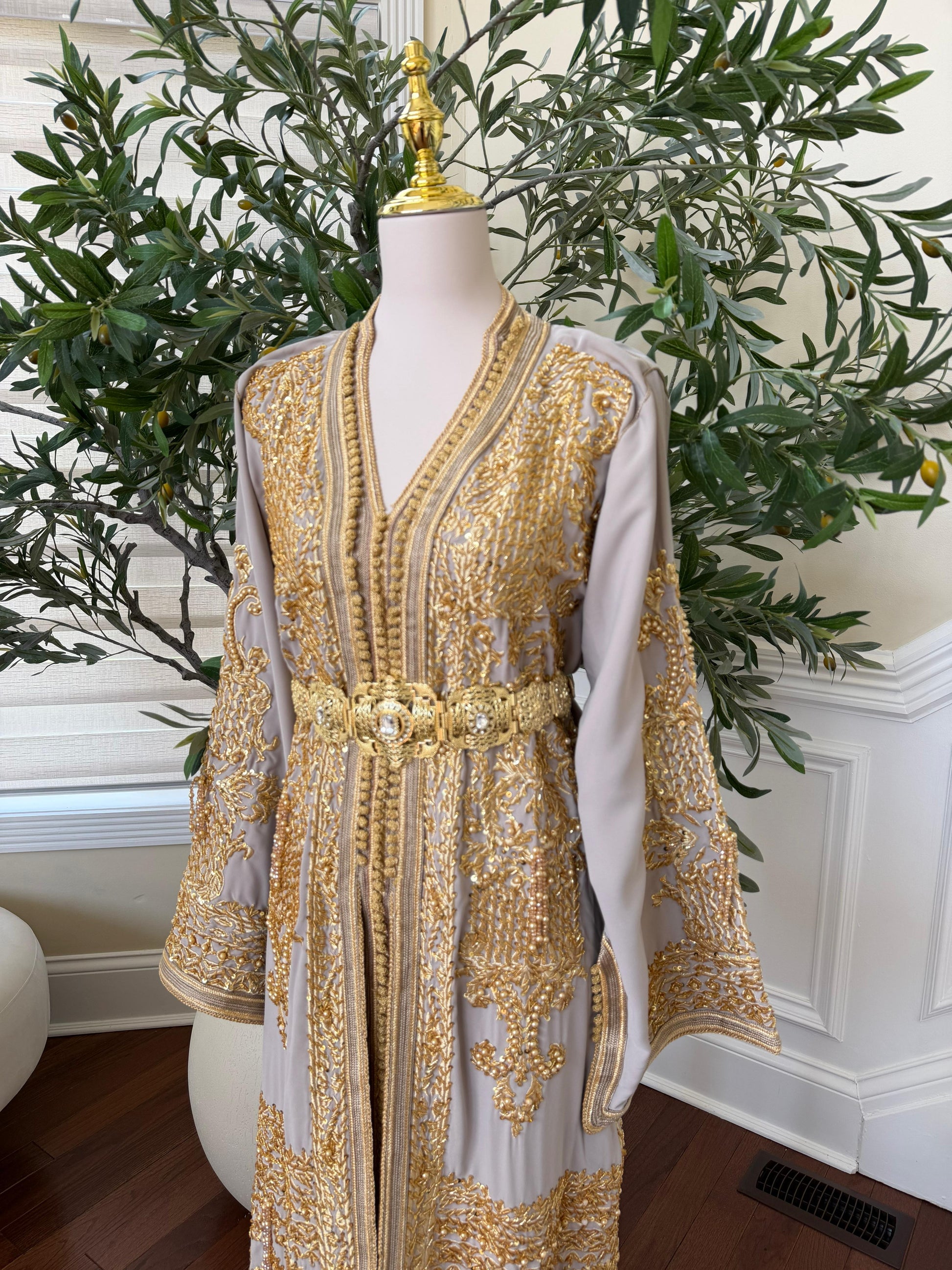 Golden Grey Beaded Elegance Kuftan