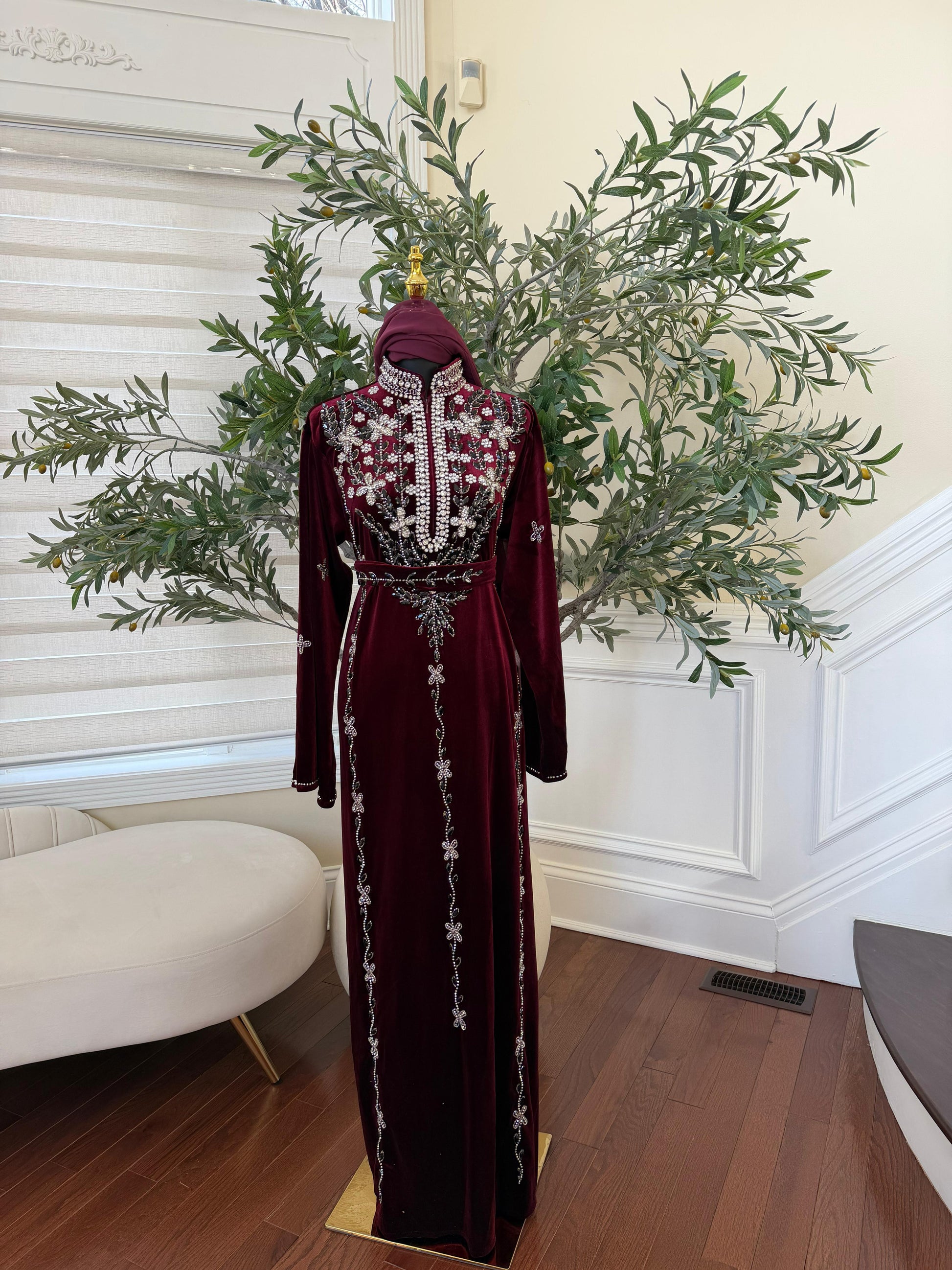 Burgundy Red Crystal Velvet Detailing Abaya
