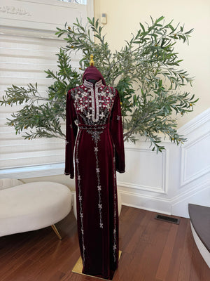 Burgundy Red Crystal Velvet Detailing Abaya