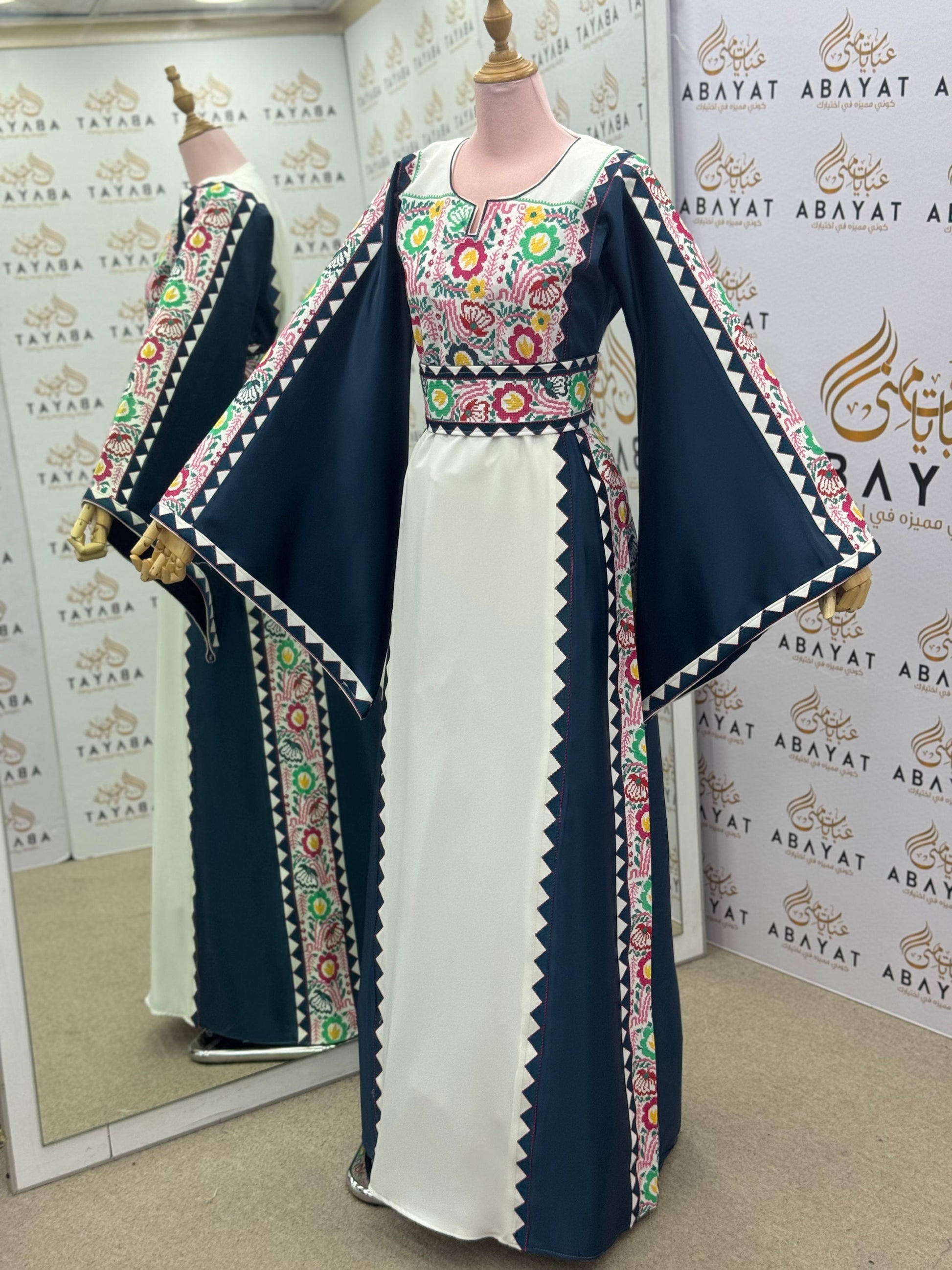 Navy & Ivory Palestinian Thobe – Embroidered Tatreez Maxi Dress