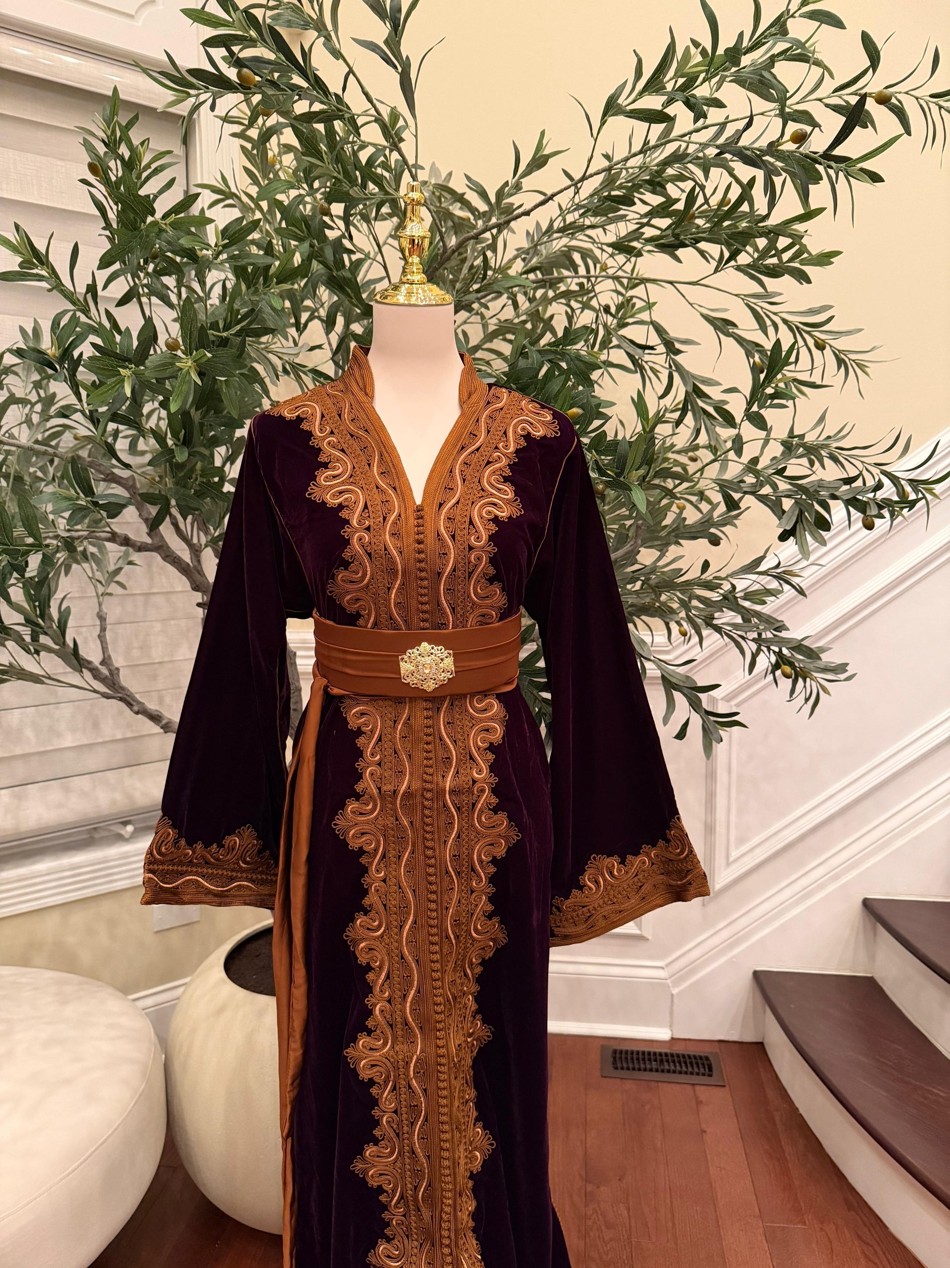 Autumn Ember Maroon Velvet Kuftan with Brown Embellishments