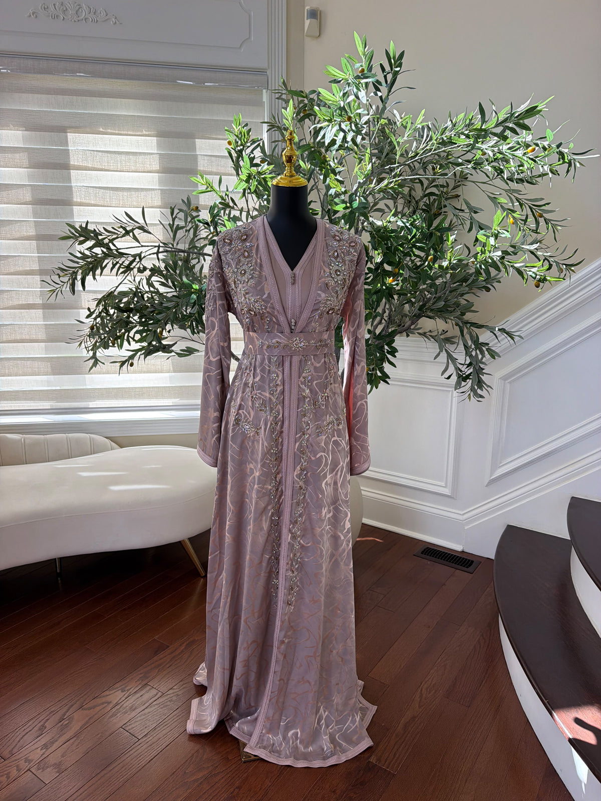 Elegant Dusty Rose Embroidered Moroccan Kaftan