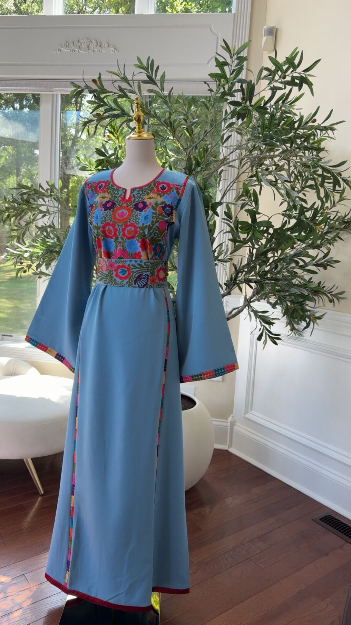 Blue Elegance with Traditional Floral Embroidery