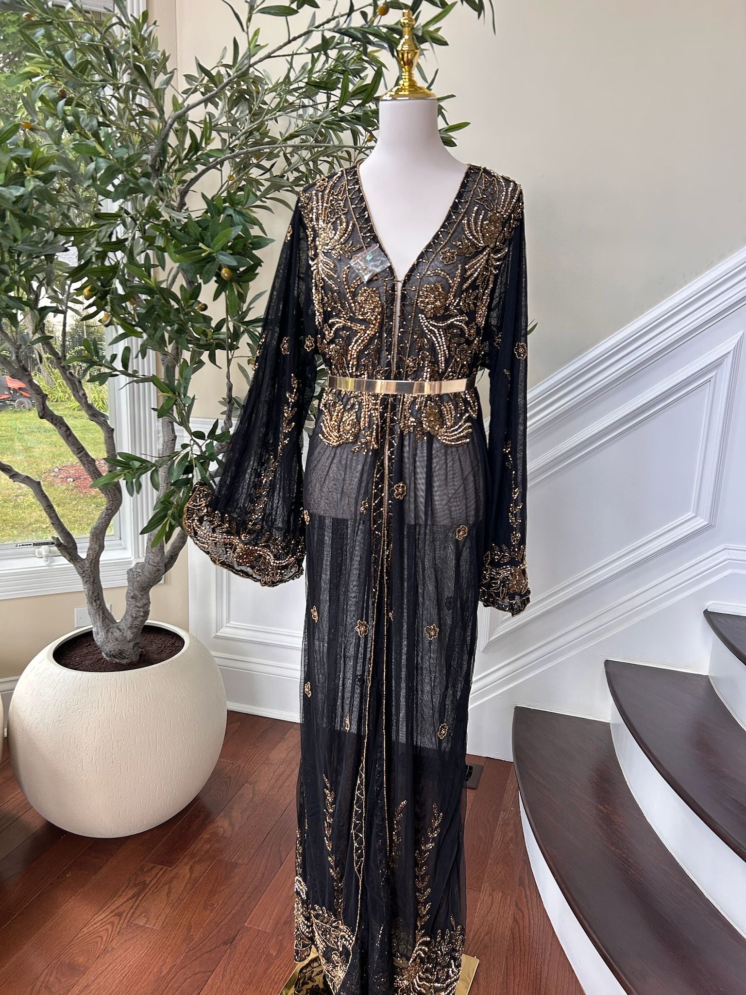 Elegant Designed Floral Golden Stone Cardigan Abaya