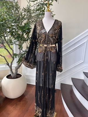 Elegant Designed Floral Golden Stone Cardigan Abaya