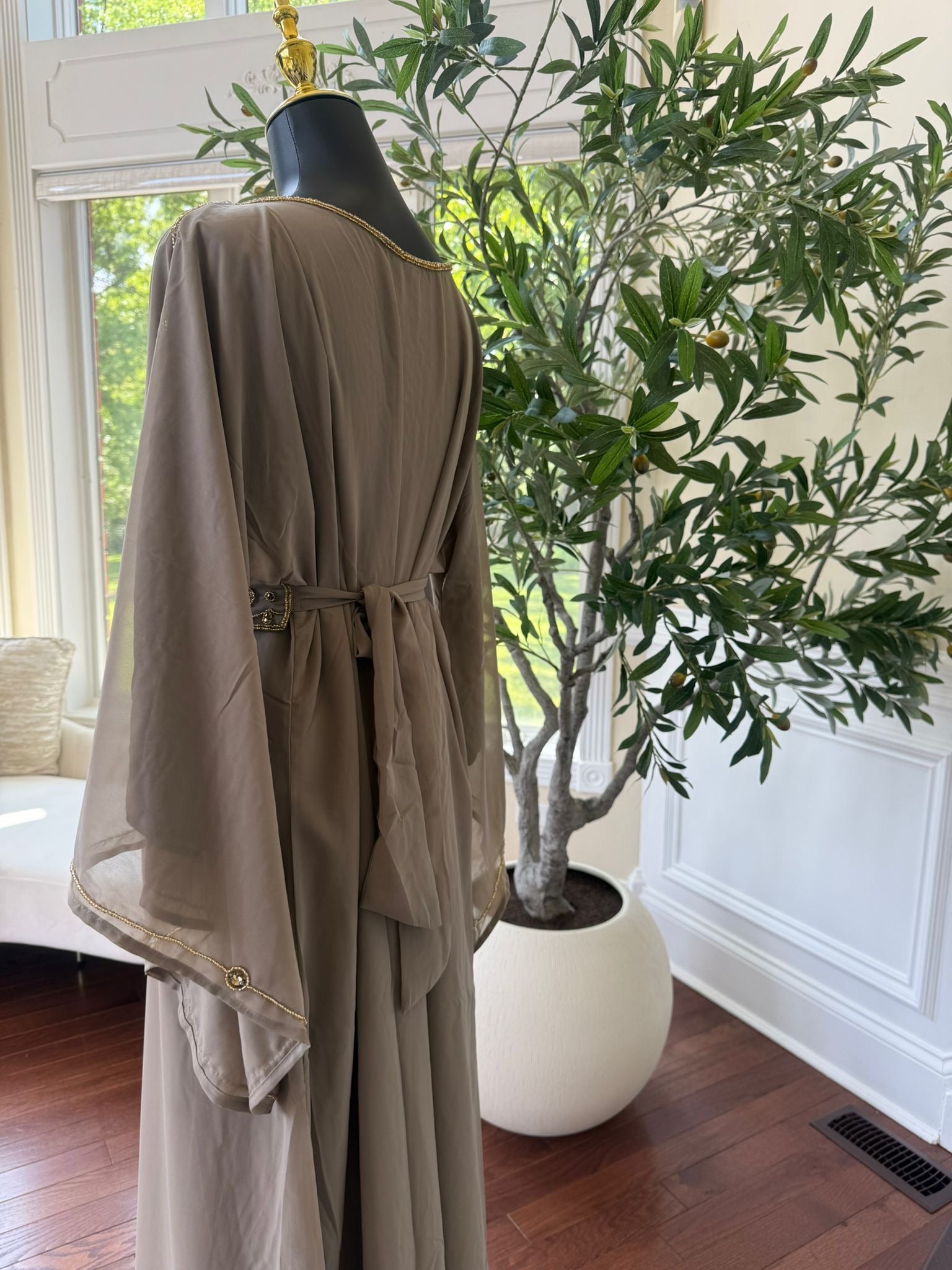 Taupe Elegant Beaded Kuftan Maxi Dress