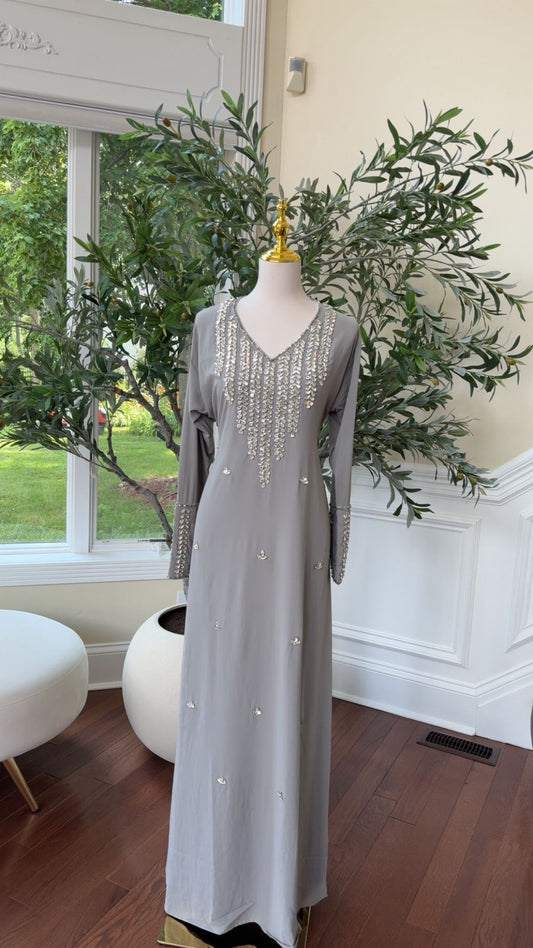Moonlight Grace – Soft Grey Kaftan with Silver Embellished Design