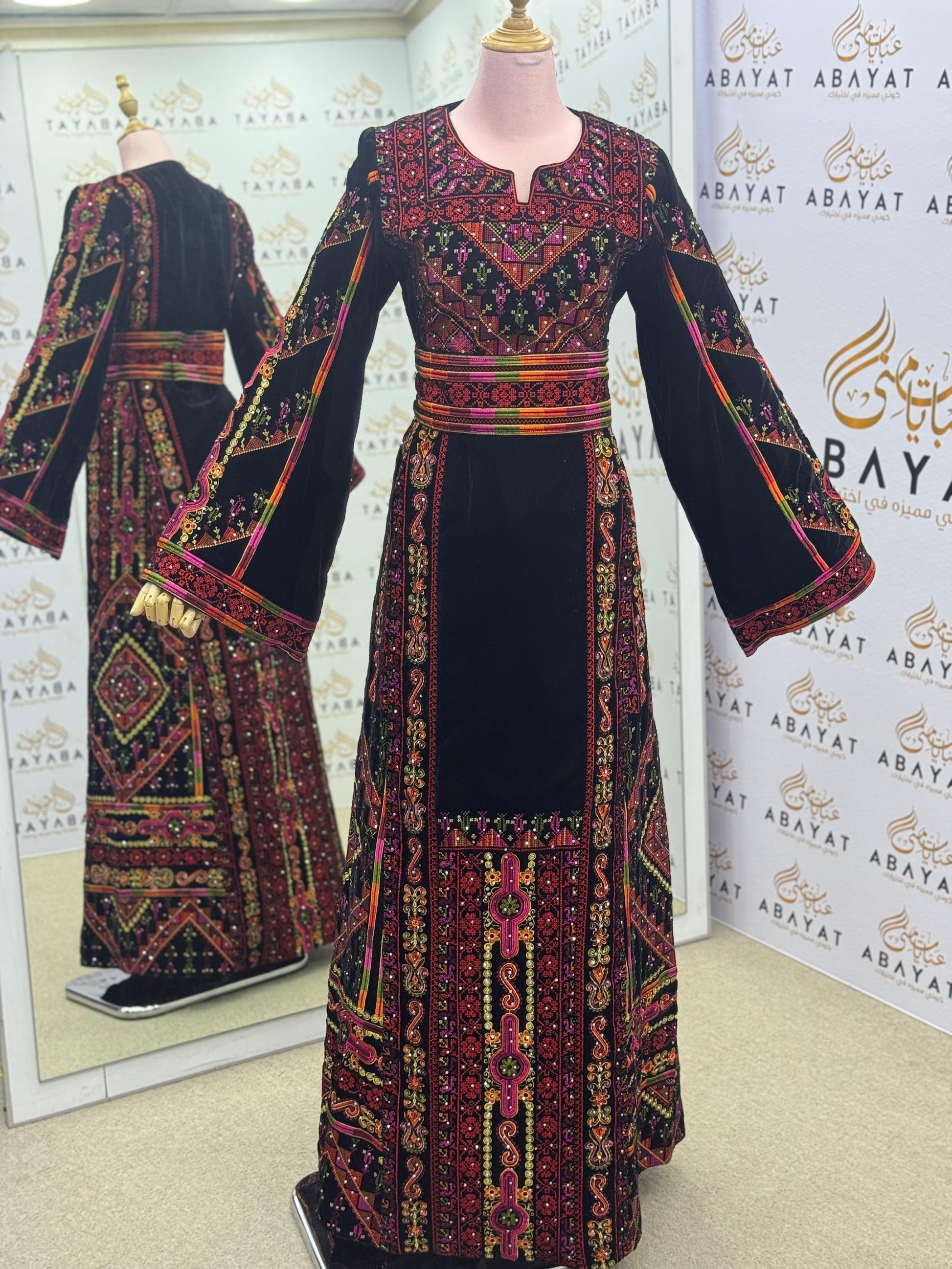 Palestinian Embroidered Thobe – Black Velvet with Multicolor Tatreez Detailing” A09012025