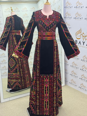 Palestinian Embroidered Thobe – Black Velvet with Multicolor Tatreez Detailing” A09012025