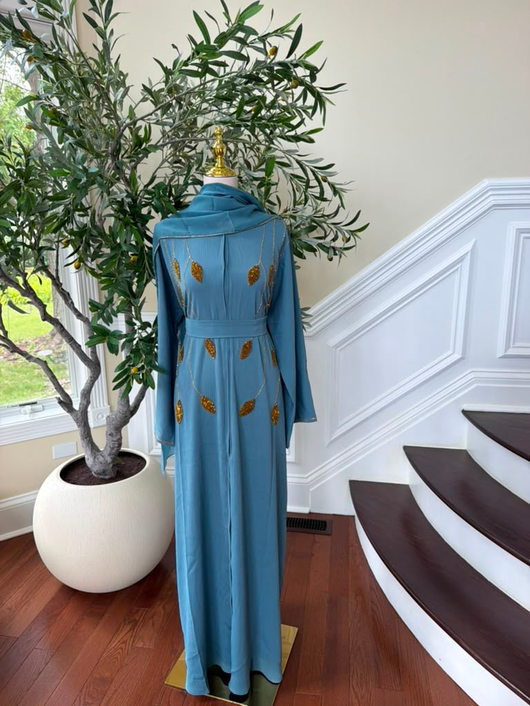 Golden Sky Blue Beaded Abaya