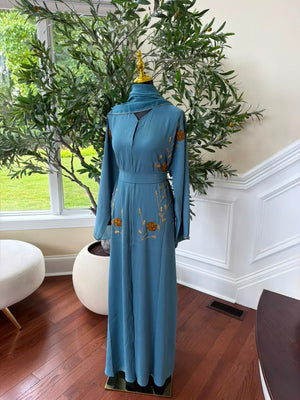 Deep Sky Golden Floral Abaya