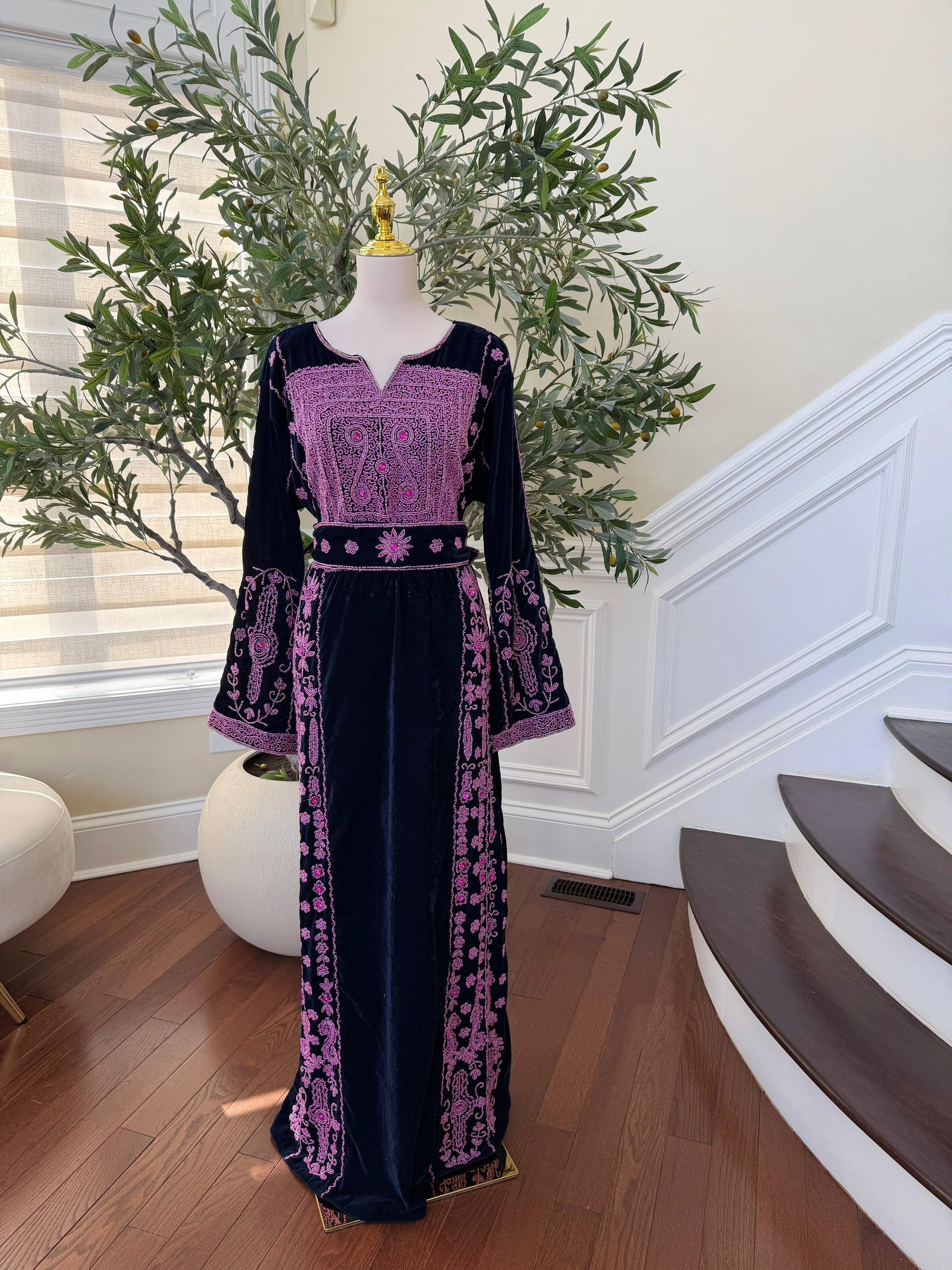 Navy Blue Velvet Pink Stone Thobe