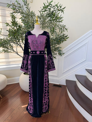 Navy Blue Velvet Pink Stone Thobe