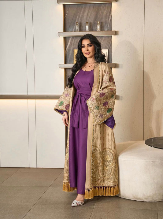 Cream Embroidery Purple Two Piece Abaya