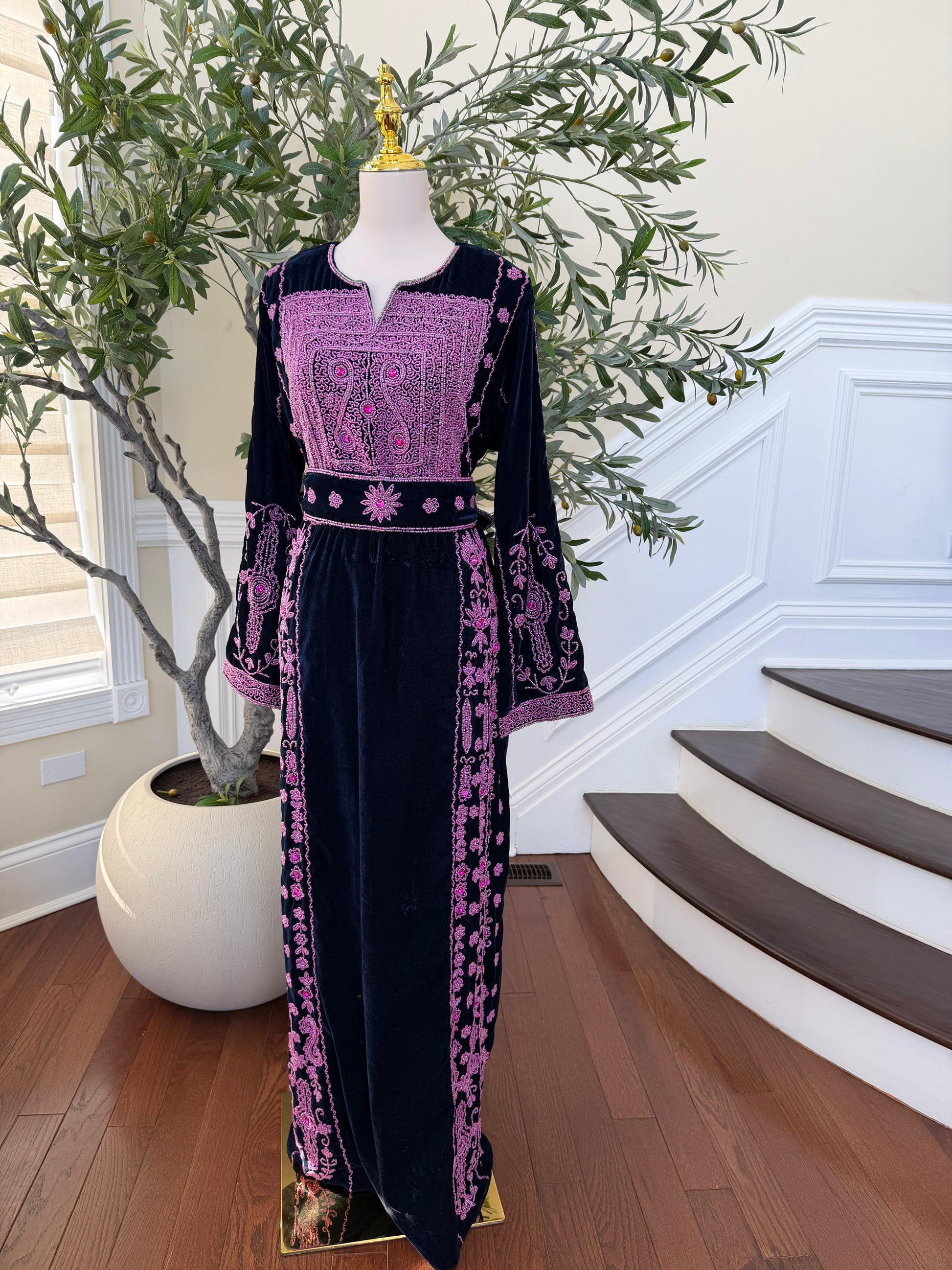 Navy Blue Velvet Pink Stone Thobe