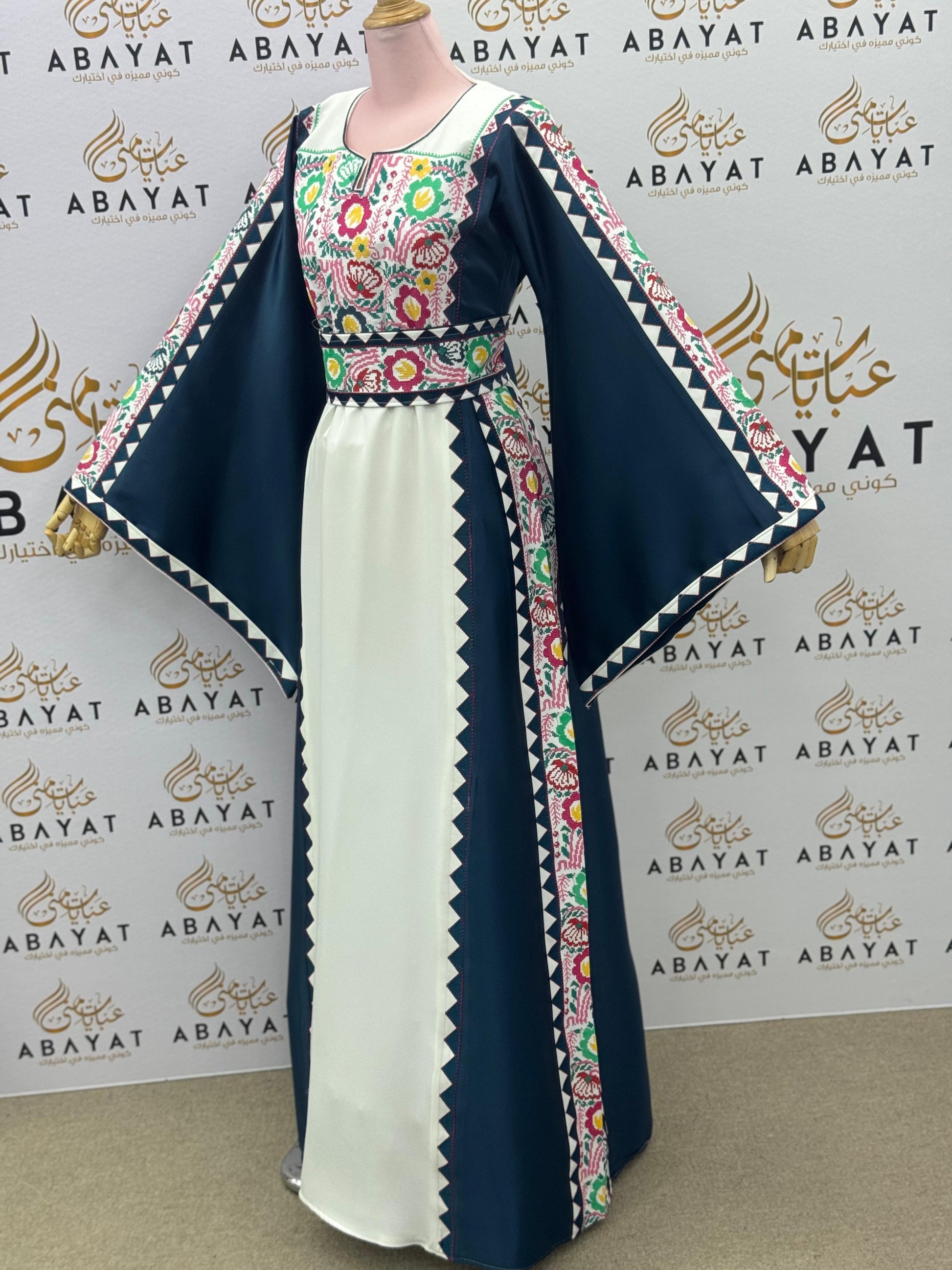 Navy & Ivory Palestinian Thobe – Embroidered Tatreez Maxi Dress