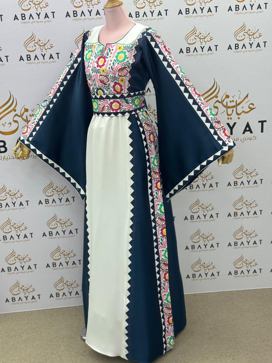 Navy & Ivory Palestinian Thobe – Embroidered Tatreez Maxi Dress