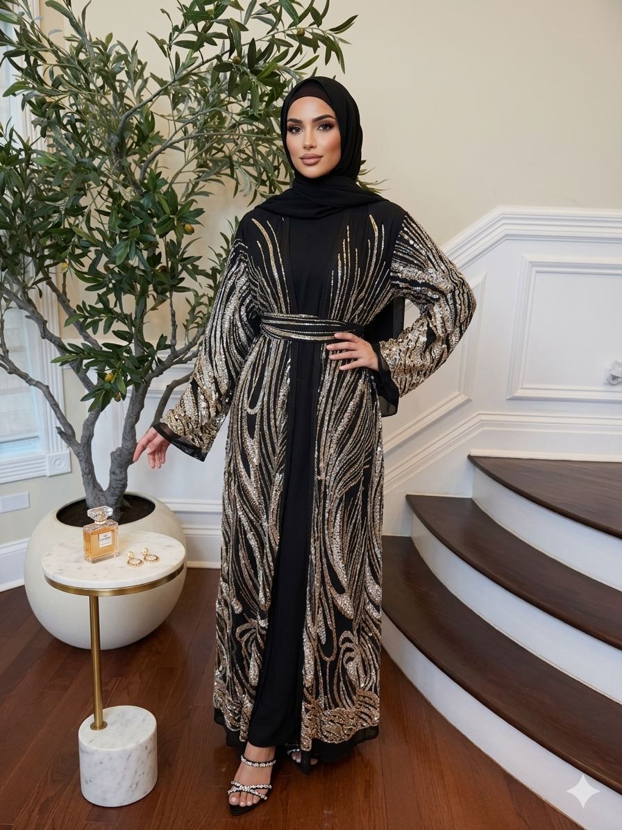Black Golden Sequin Two Piece Abaya