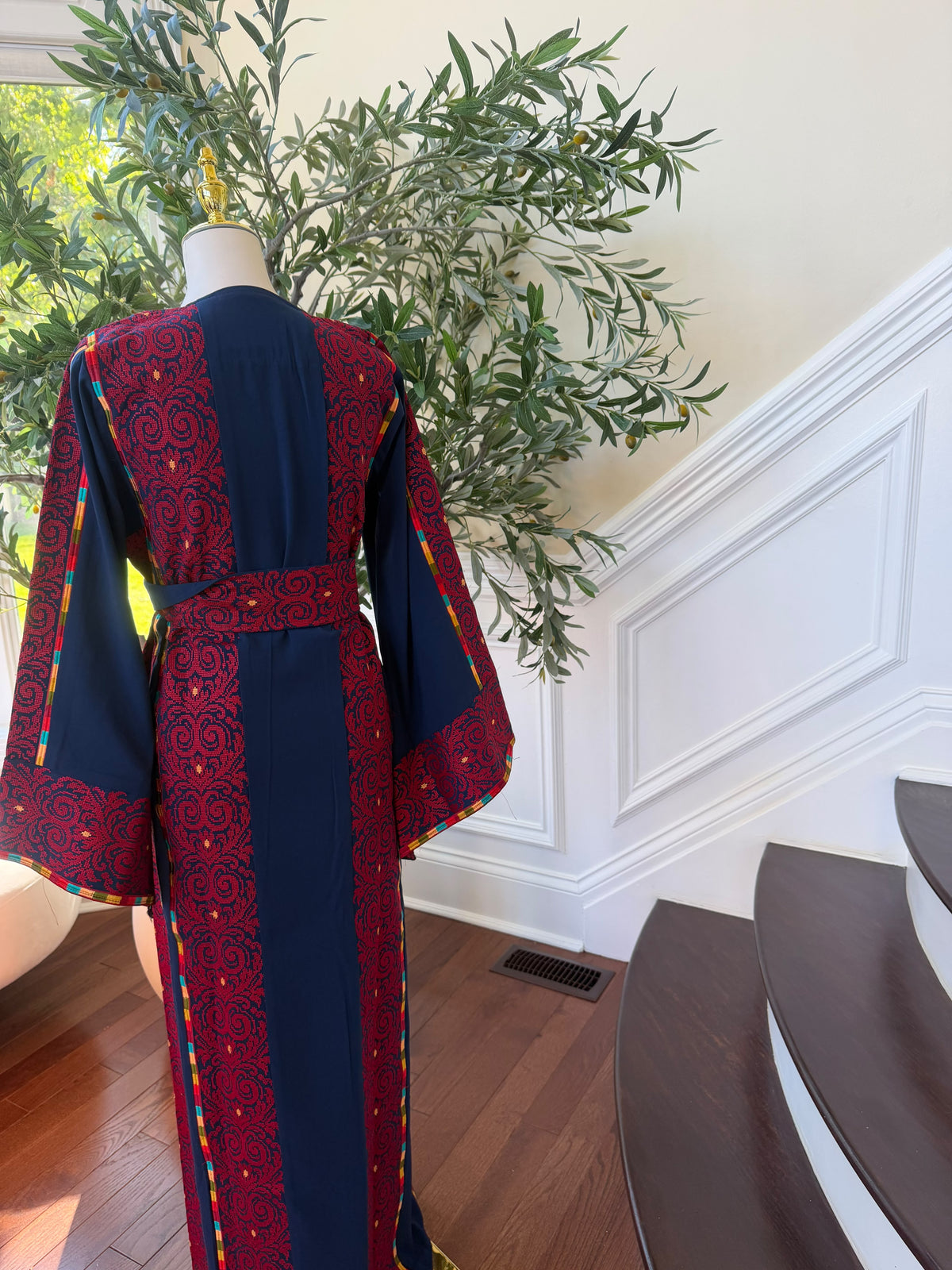 Elegant Navy & Red Embroidered Palestinian Thobe Dress