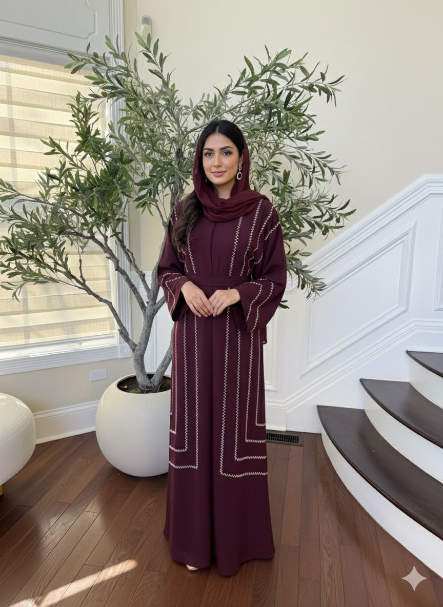 Burgundy Elegance Beaded Abaya
