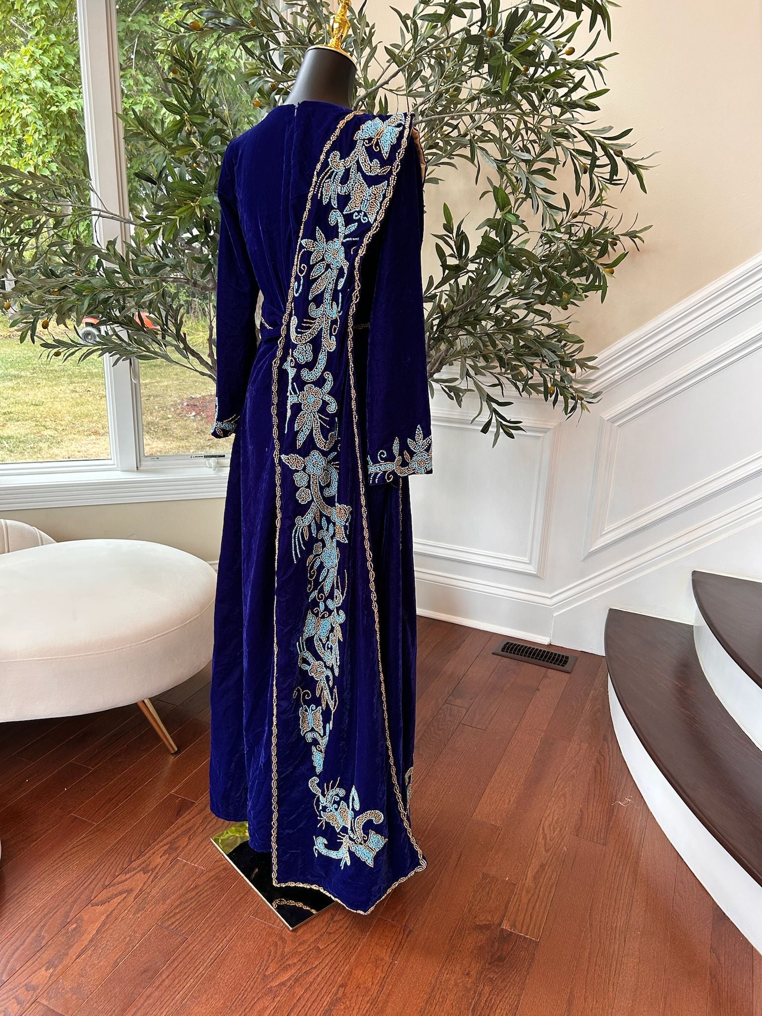 Blue Velvet Stone Charm Kuftan Dress